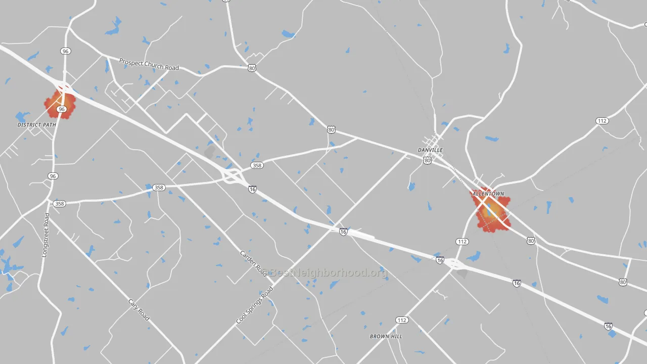 Walk Grade map of Danville, GA, walkable areas in green and car-dependent areas in red