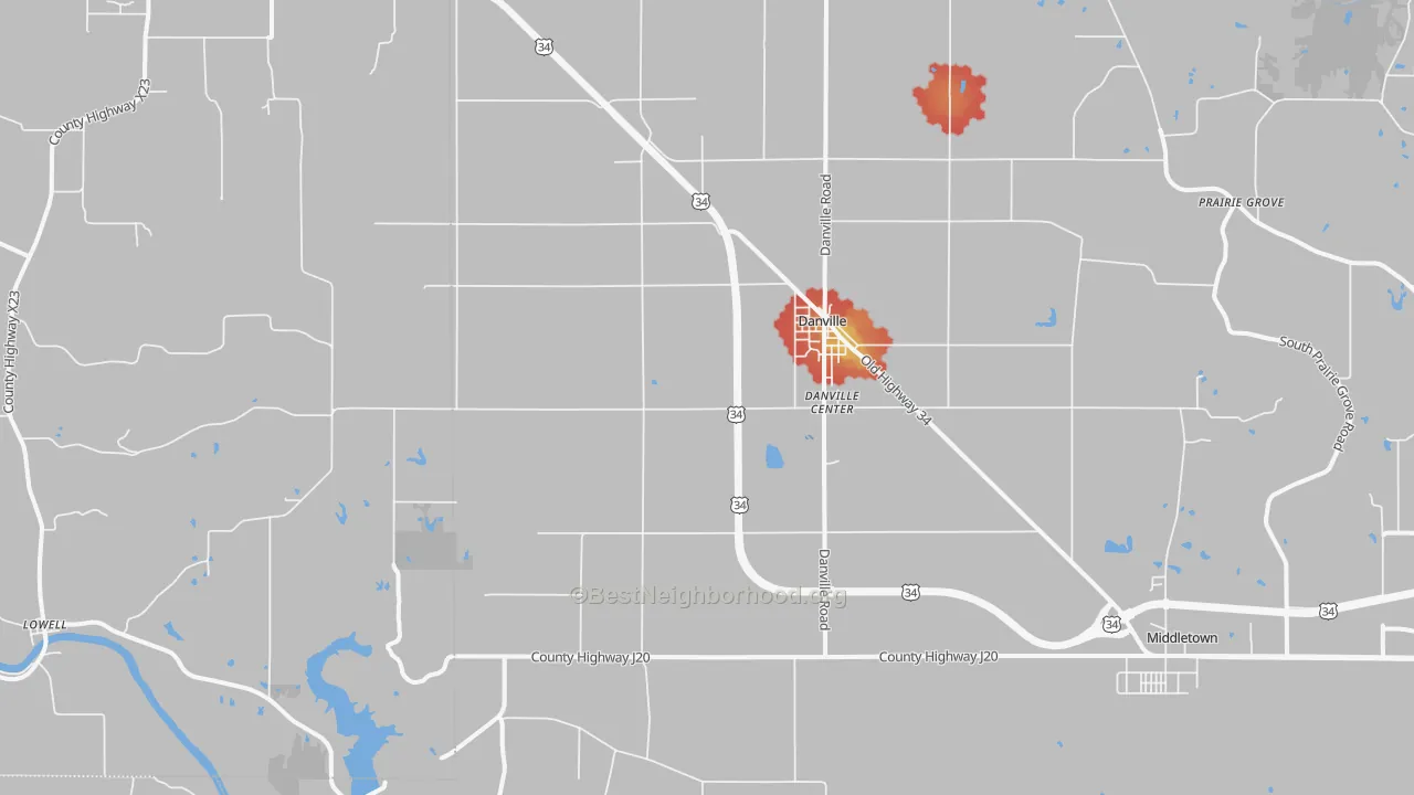 Walk Grade map of Danville, IA, walkable areas in green and car-dependent areas in red
