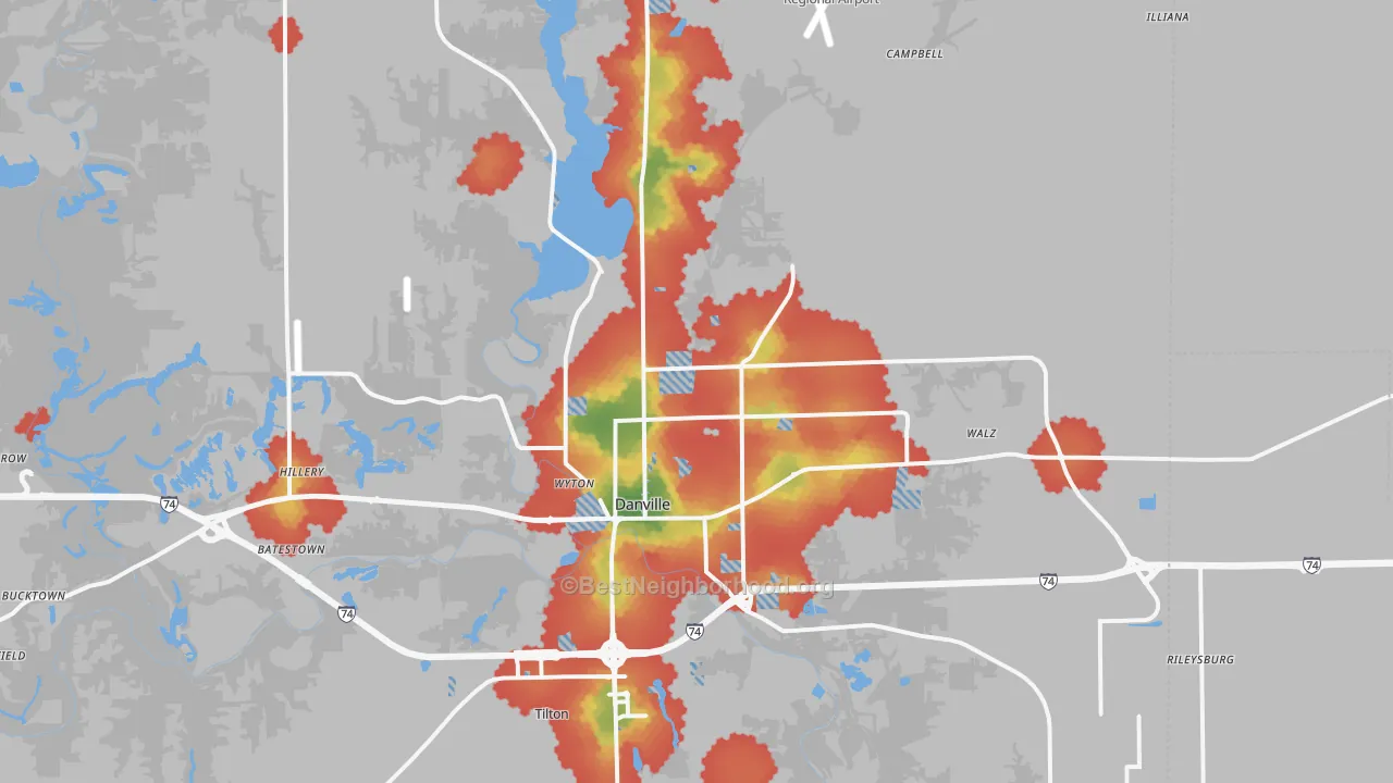 Walk Grade map of Danville, IL, walkable areas in green and car-dependent areas in red