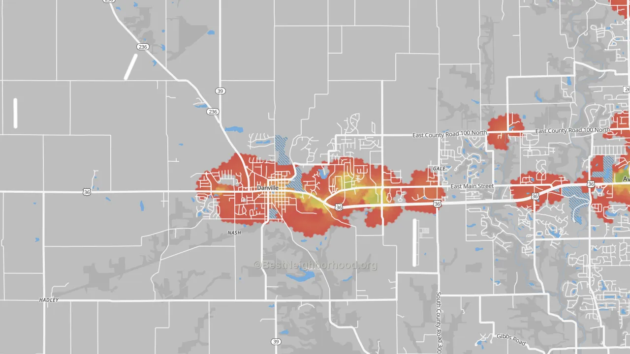 Walk Grade map of Danville, IN, walkable areas in green and car-dependent areas in red