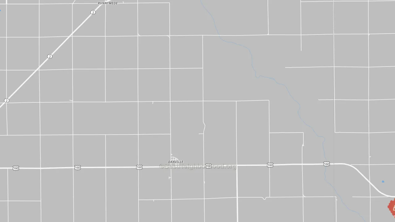 Walk Grade map of Danville, KS, walkable areas in green and car-dependent areas in red