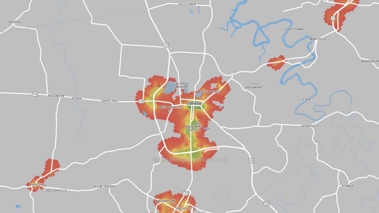 Walk Grade map of Danville, KY, walkable areas in green and car-dependent areas in red