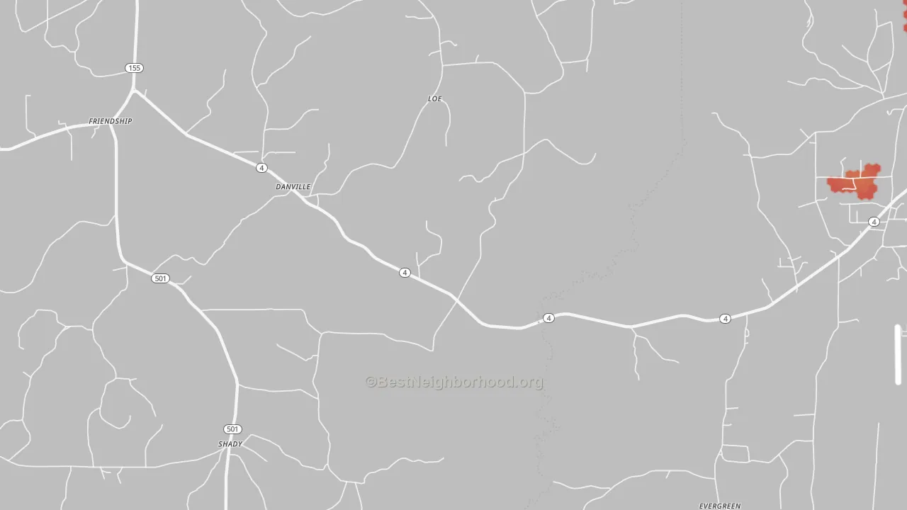 Walk Grade map of Danville, LA, walkable areas in green and car-dependent areas in red