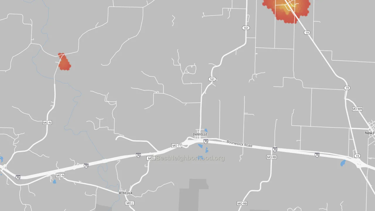 Walk Grade map of Danville, MO, walkable areas in green and car-dependent areas in red