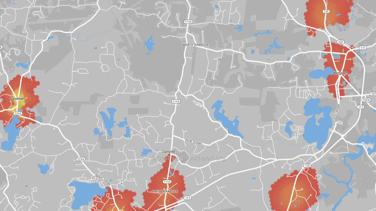 Walk Grade map of Danville, NH, walkable areas in green and car-dependent areas in red
