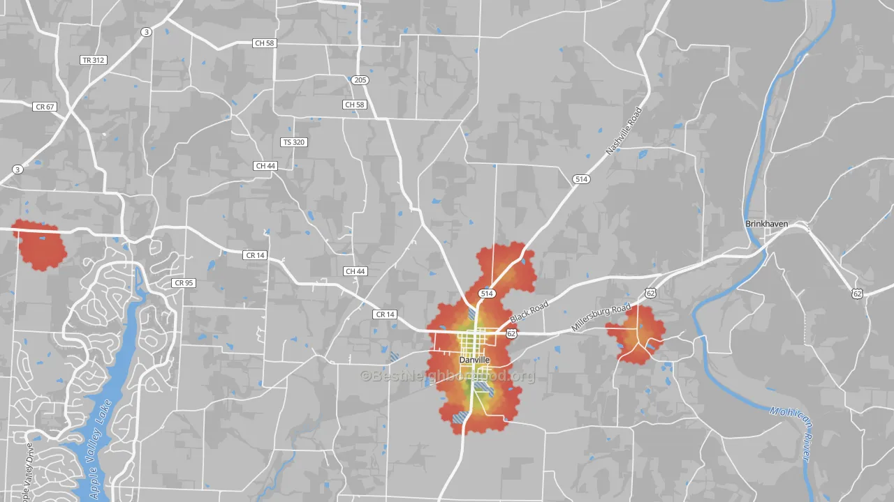 Walk Grade map of Danville, OH, walkable areas in green and car-dependent areas in red