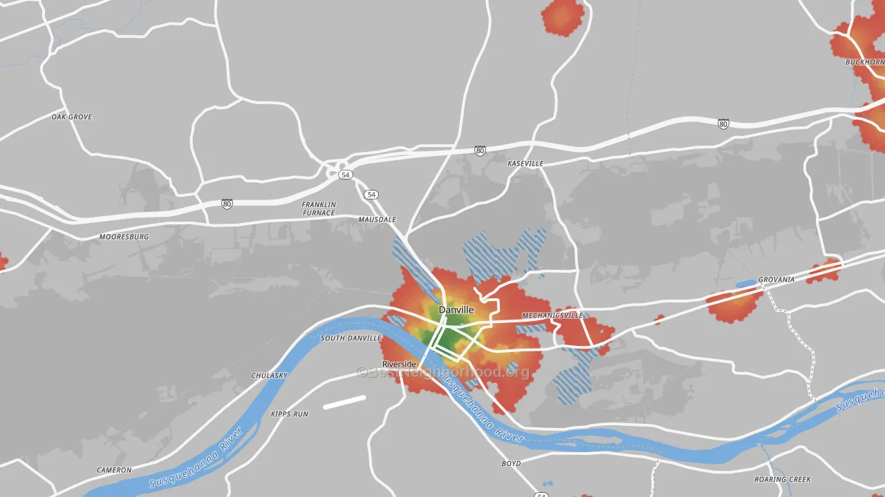 Walk Grade map of Danville, PA, walkable areas in green and car-dependent areas in red