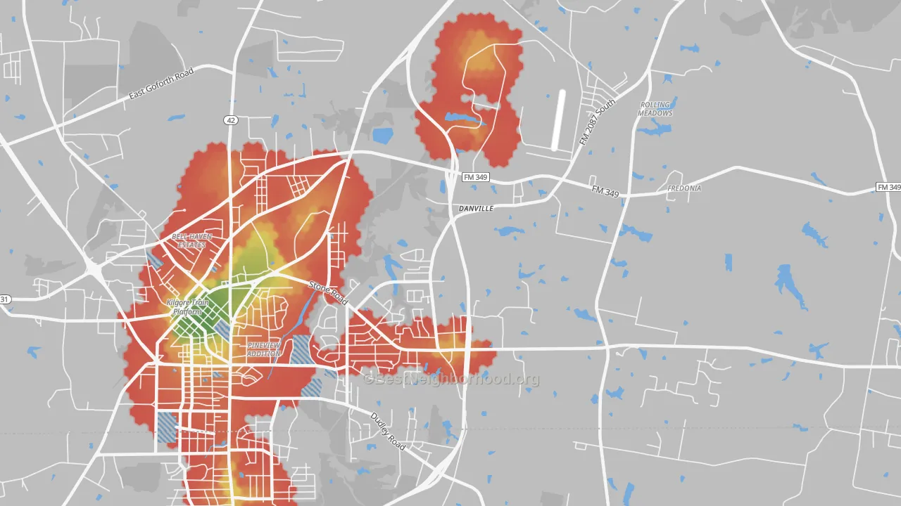 Walk Grade map of Danville, TX, walkable areas in green and car-dependent areas in red
