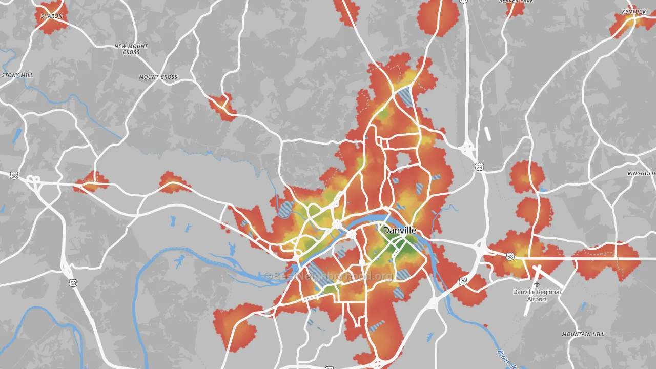 Walk Grade map of Danville, VA, walkable areas in green and car-dependent areas in red