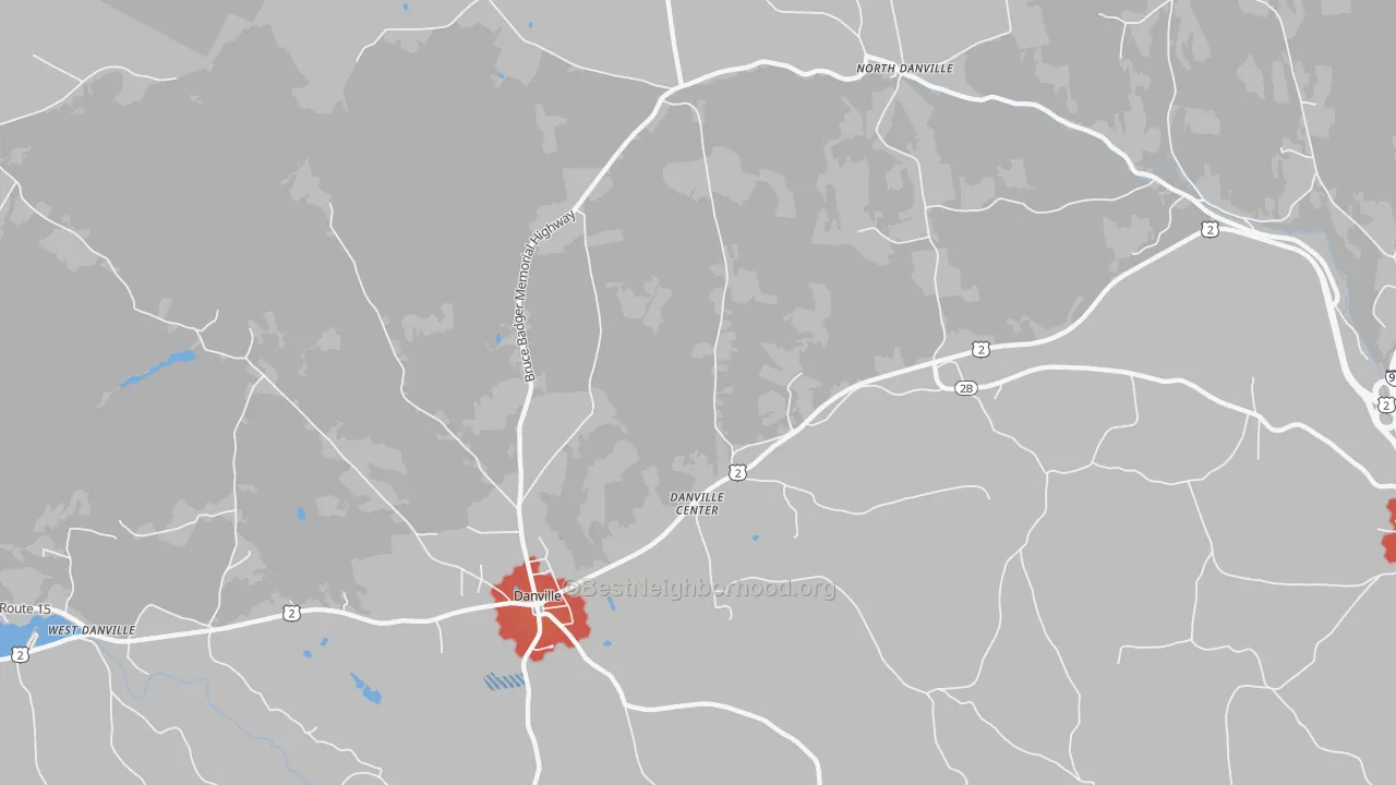 Walk Grade map of Danville, VT, walkable areas in green and car-dependent areas in red