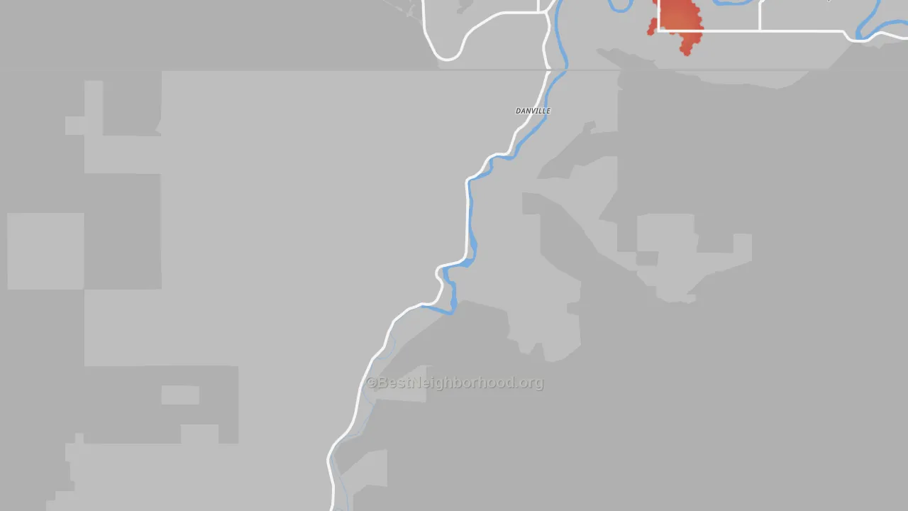 Walk Grade map of Danville, WA, walkable areas in green and car-dependent areas in red