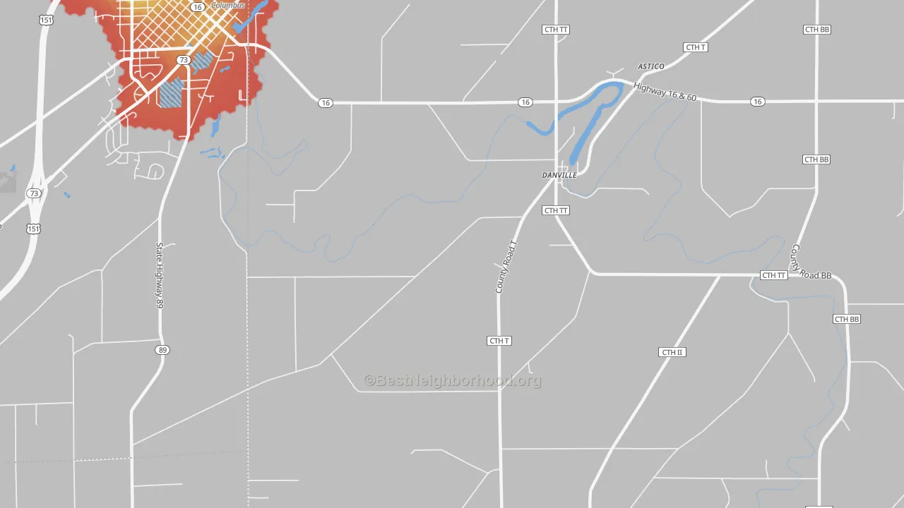 Walk Grade map of Danville, WI, walkable areas in green and car-dependent areas in red