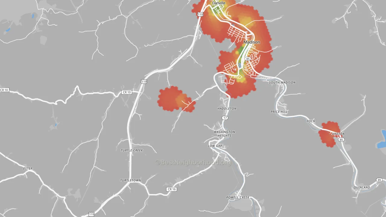 Walk Grade map of Danville, WV, walkable areas in green and car-dependent areas in red