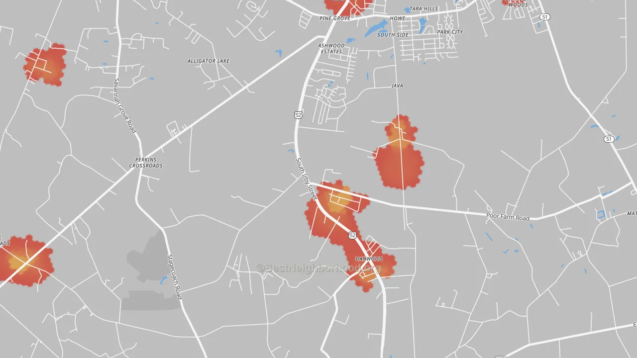 Walk Grade map of Danwood, SC, walkable areas in green and car-dependent areas in red