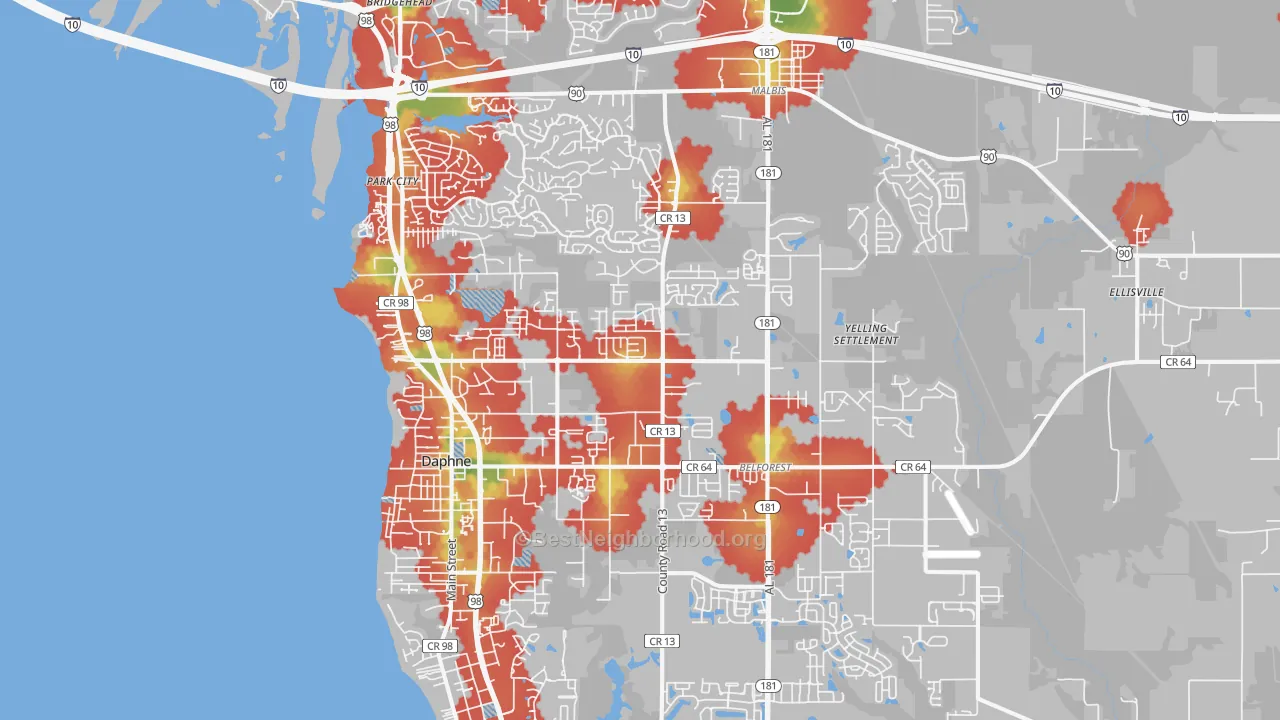 Walk Grade map of Daphne, AL, walkable areas in green and car-dependent areas in red