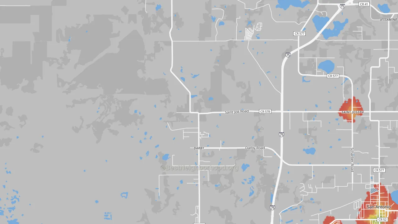 Walk Grade map of Darby, FL, walkable areas in green and car-dependent areas in red