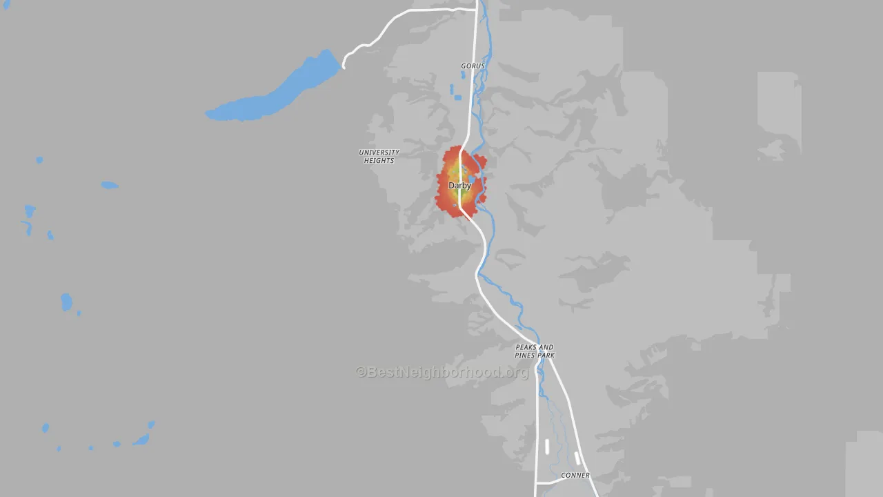 Walk Grade map of Darby, MT, walkable areas in green and car-dependent areas in red