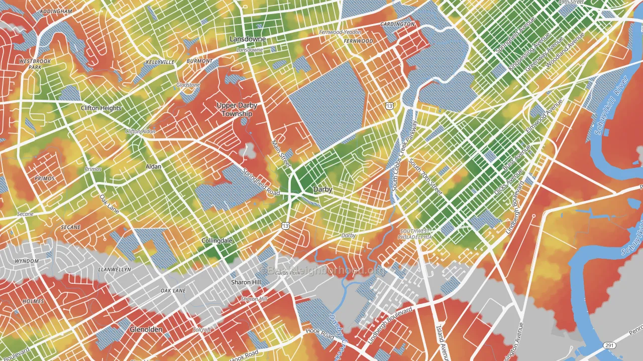 Walk Grade map of Darby, PA, walkable areas in green and car-dependent areas in red