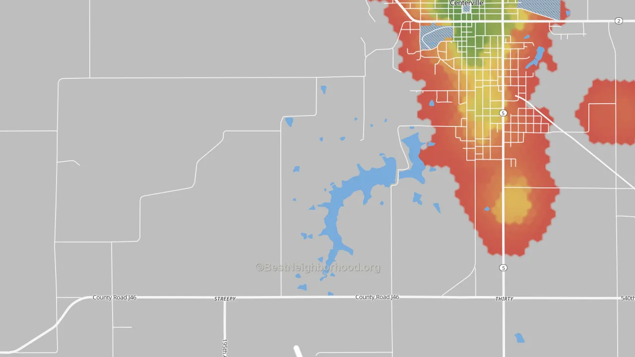 Walk Grade map of Darbyville, IA, walkable areas in green and car-dependent areas in red
