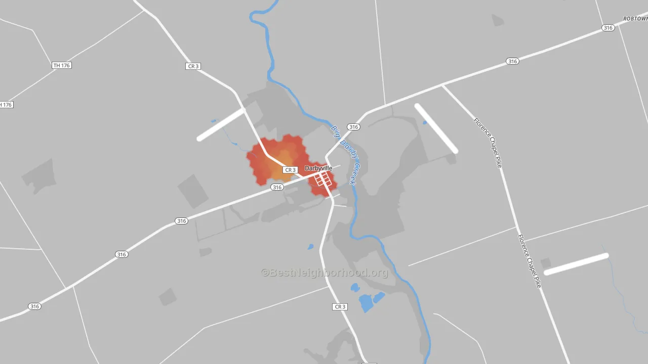 Walk Grade map of Darbyville, OH, walkable areas in green and car-dependent areas in red