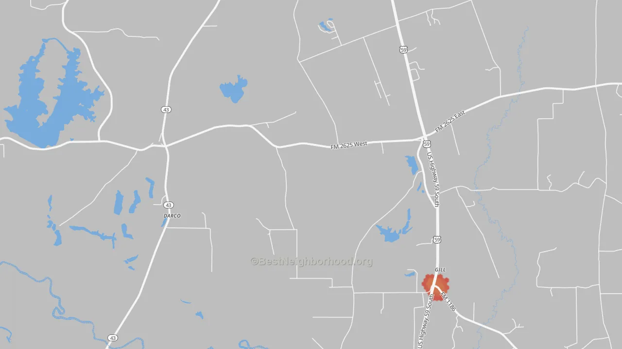 Walk Grade map of Darco, TX, walkable areas in green and car-dependent areas in red