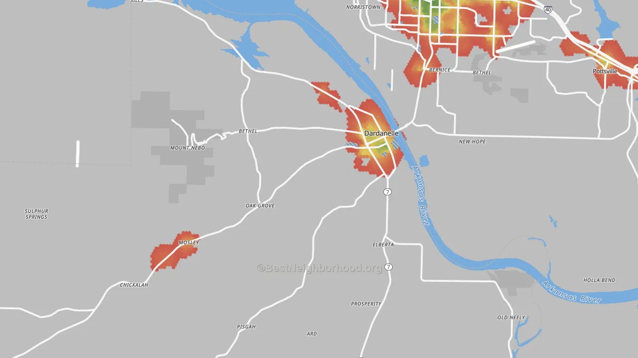 Walk Grade map of Dardanelle, AR, walkable areas in green and car-dependent areas in red