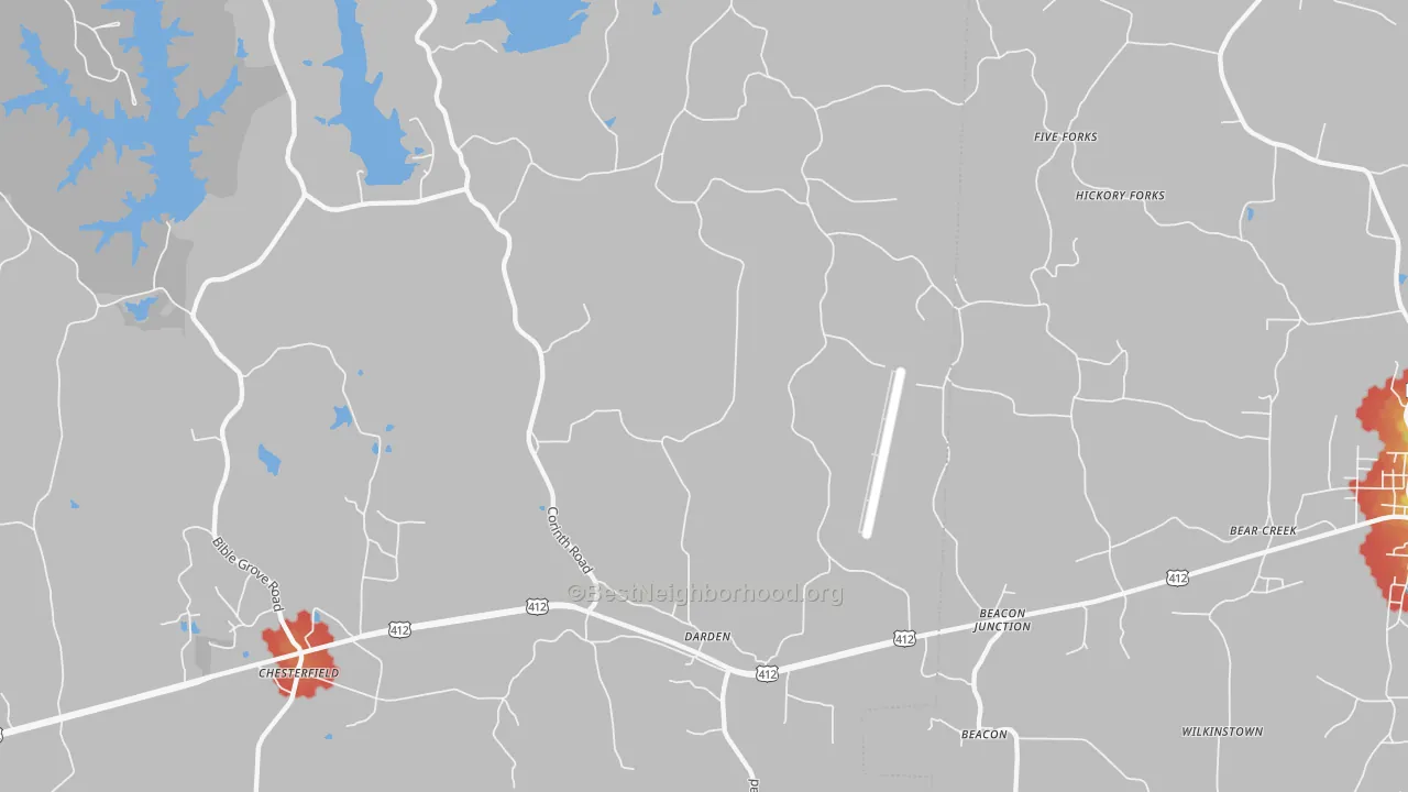 Walk Grade map of Darden, TN, walkable areas in green and car-dependent areas in red
