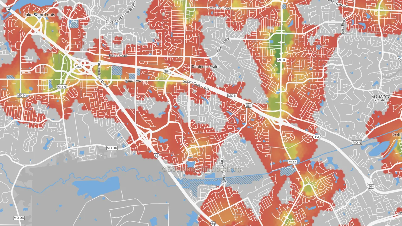 Walk Grade map of Dardenne Prairie, MO, walkable areas in green and car-dependent areas in red