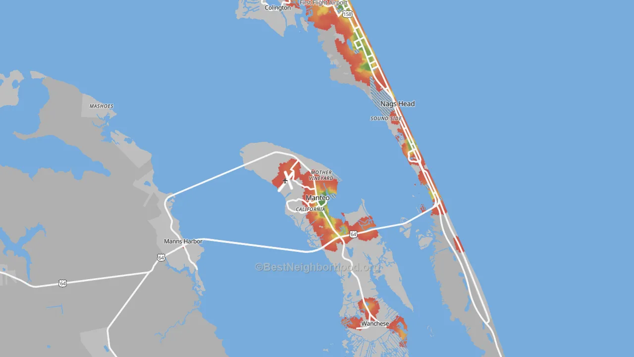 Walk Grade map of Dare County, NC, walkable areas in green and car-dependent areas in red