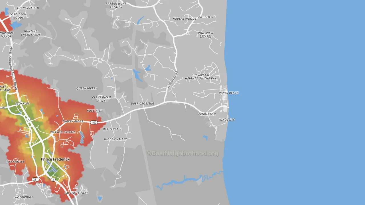 Walk Grade map of Dares Beach, MD, walkable areas in green and car-dependent areas in red