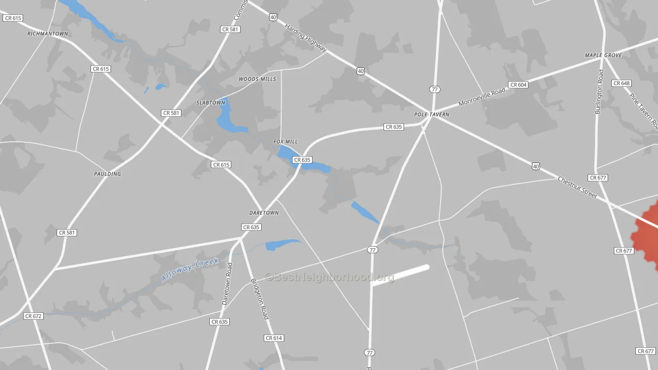 Walk Grade map of Daretown, NJ, walkable areas in green and car-dependent areas in red