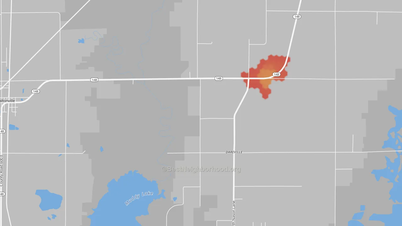 Walk Grade map of Dareville, IL, walkable areas in green and car-dependent areas in red