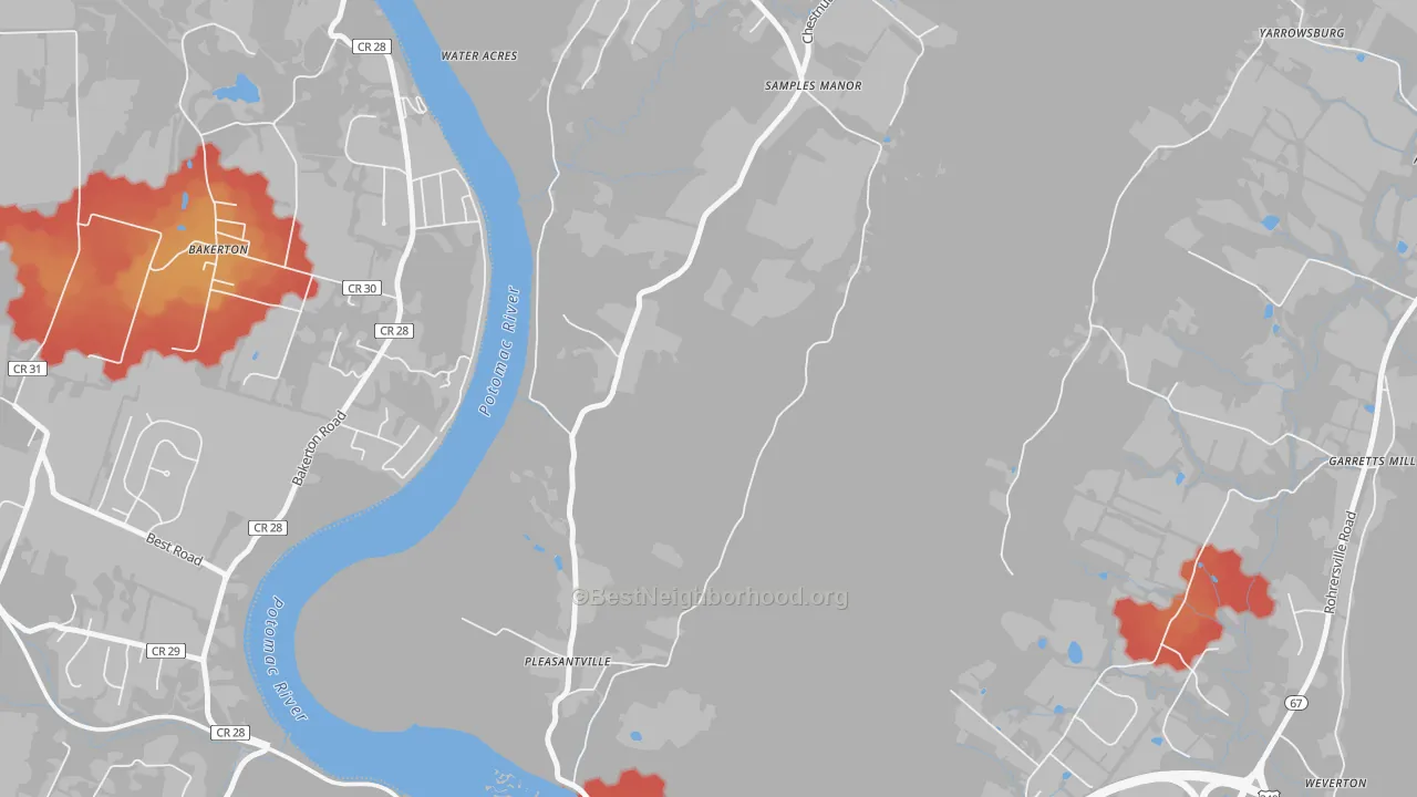 Walk Grade map of Dargan, MD, walkable areas in green and car-dependent areas in red