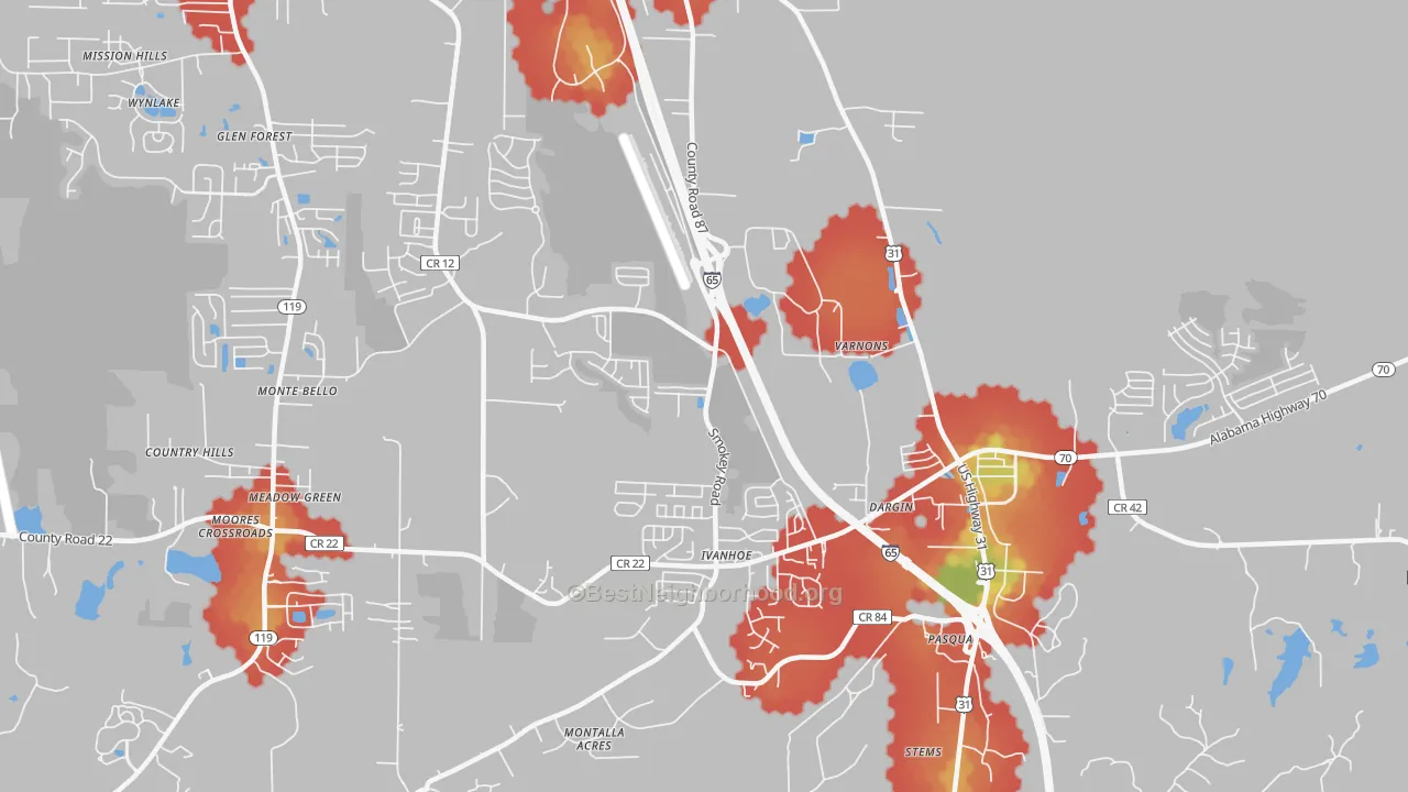 Walk Grade map of Dargin, AL, walkable areas in green and car-dependent areas in red