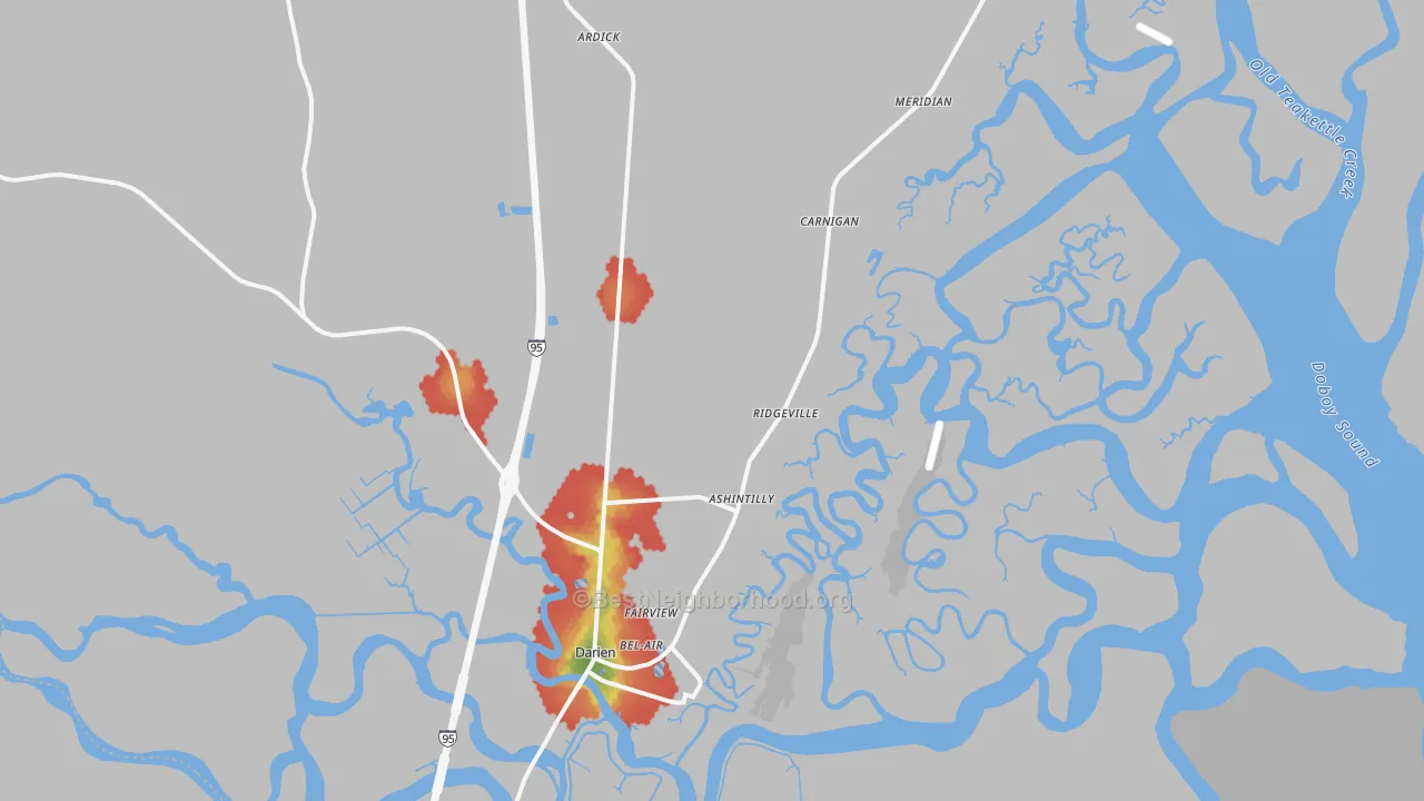 Walk Grade map of Darien, GA, walkable areas in green and car-dependent areas in red