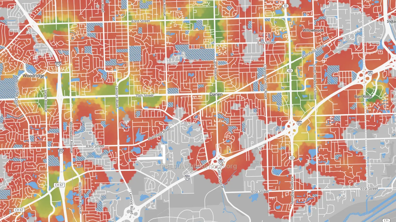 Walk Grade map of Darien, IL, walkable areas in green and car-dependent areas in red