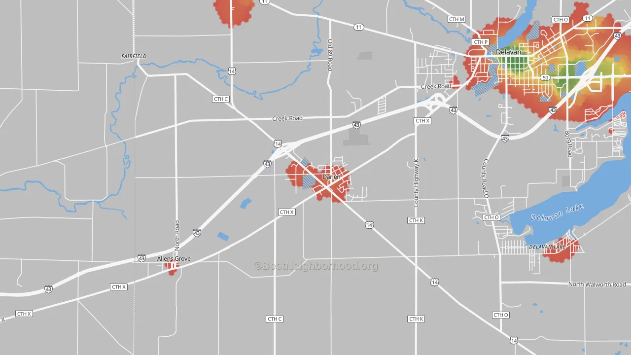 Walk Grade map of Darien, WI, walkable areas in green and car-dependent areas in red