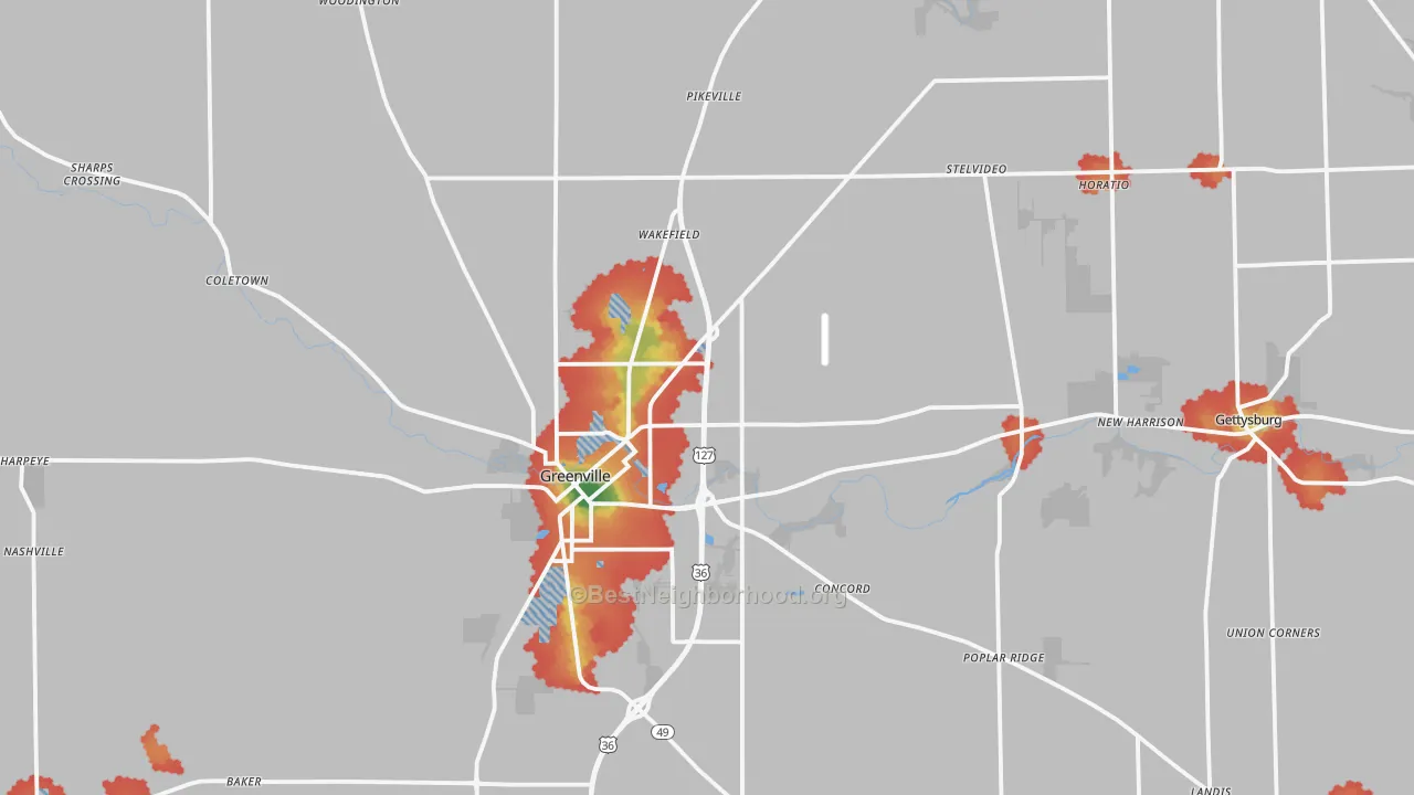 Walk Grade map of Darke County, OH, walkable areas in green and car-dependent areas in red
