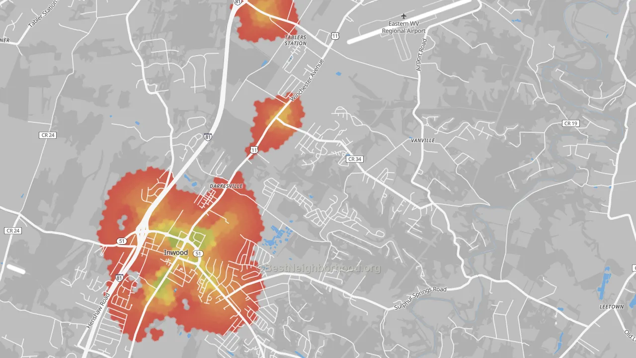 Walk Grade map of Darkesville, Inwood, WV, walkable areas in green and car-dependent areas in red