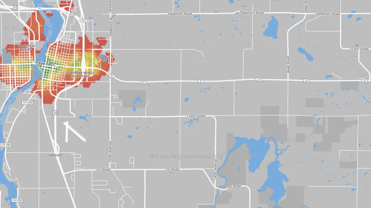 Walk Grade map of Darling, MN, walkable areas in green and car-dependent areas in red