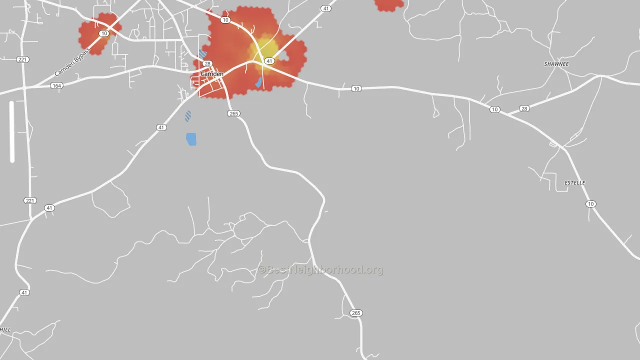 Walk Grade map of Darlington, AL, walkable areas in green and car-dependent areas in red