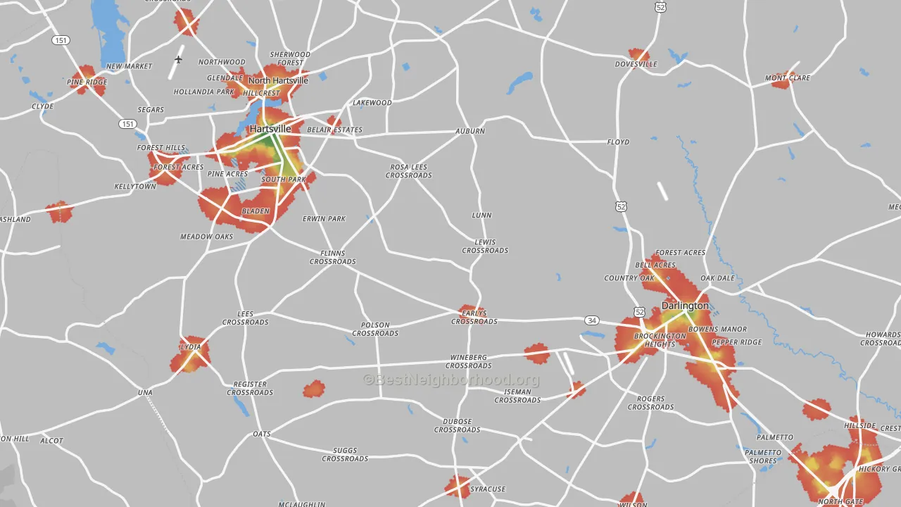 Walk Grade map of Darlington County, SC, walkable areas in green and car-dependent areas in red