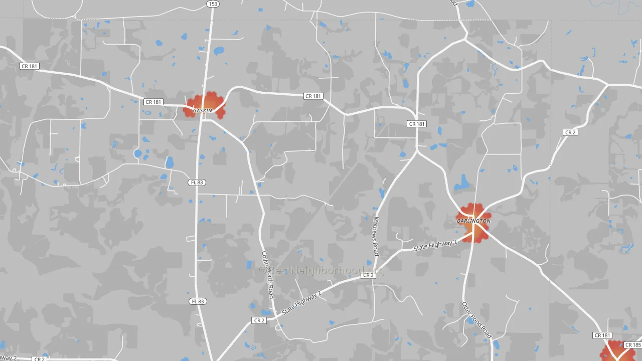 Walk Grade map of Darlington, FL, walkable areas in green and car-dependent areas in red