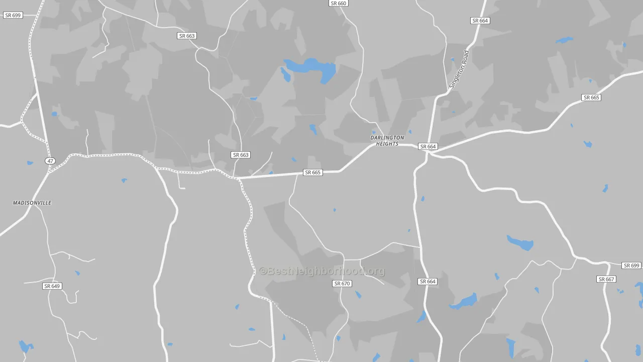 Walk Grade map of Darlington Heights, VA, walkable areas in green and car-dependent areas in red
