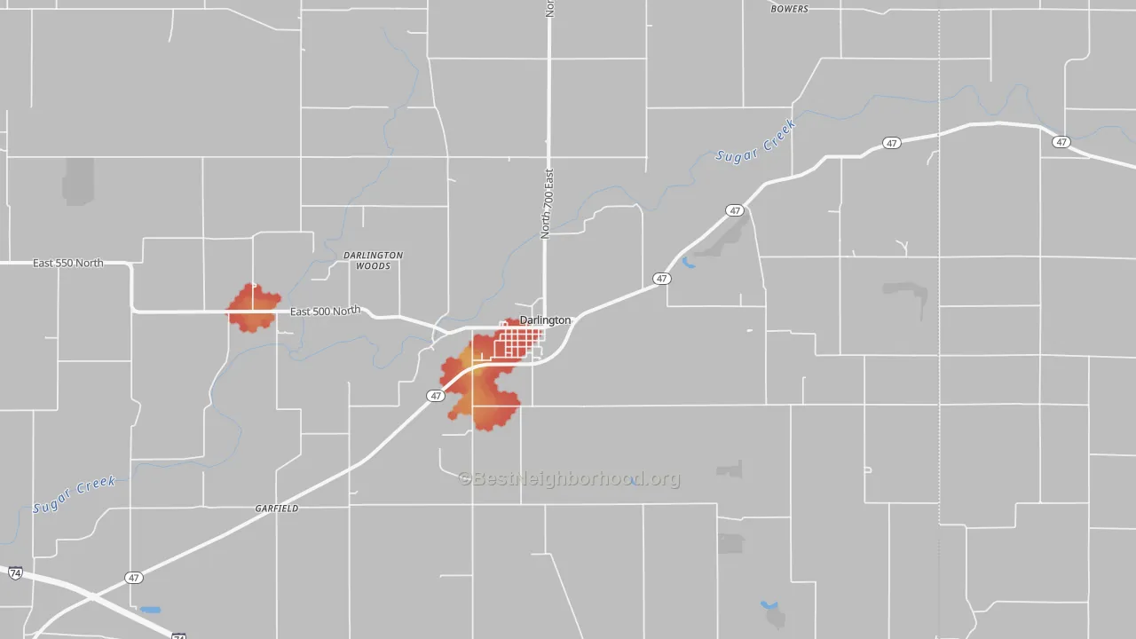 Walk Grade map of Darlington, IN, walkable areas in green and car-dependent areas in red
