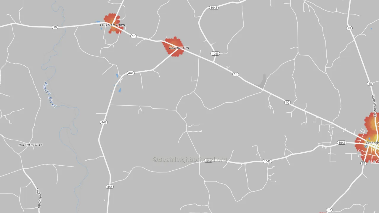 Walk Grade map of Darlington, LA, walkable areas in green and car-dependent areas in red