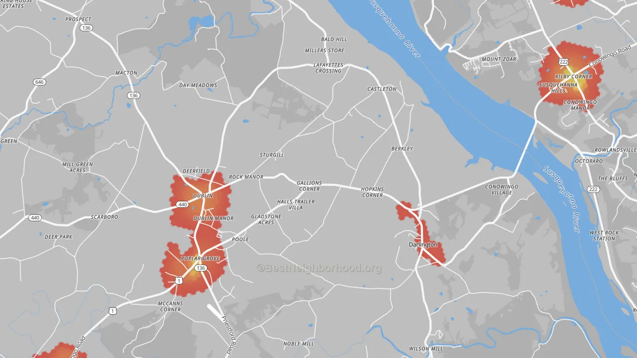 Walk Grade map of Darlington, MD, walkable areas in green and car-dependent areas in red