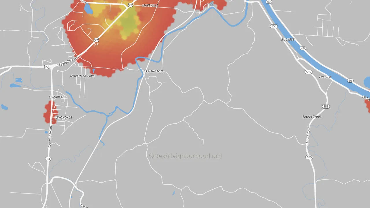 Walk Grade map of Darlington, OH, walkable areas in green and car-dependent areas in red