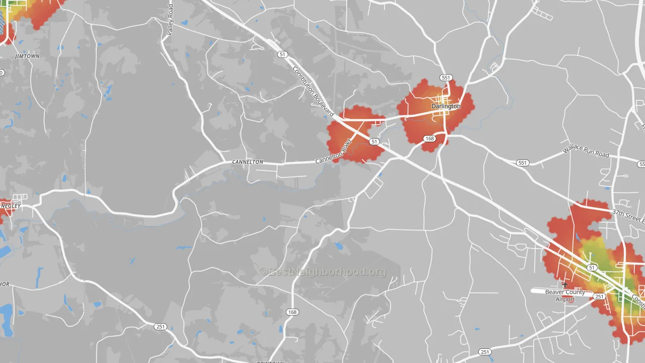 Walk Grade map of Darlington, PA, walkable areas in green and car-dependent areas in red