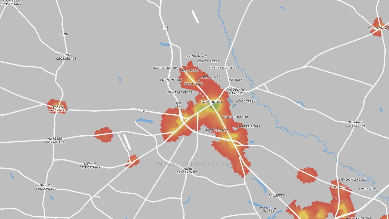 Walk Grade map of Darlington, SC, walkable areas in green and car-dependent areas in red